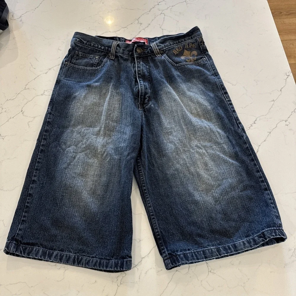 Red Ape Shorts Men's 34 Baggy Raw Denim Jorts Blue Vintage Y2K Skater Emo